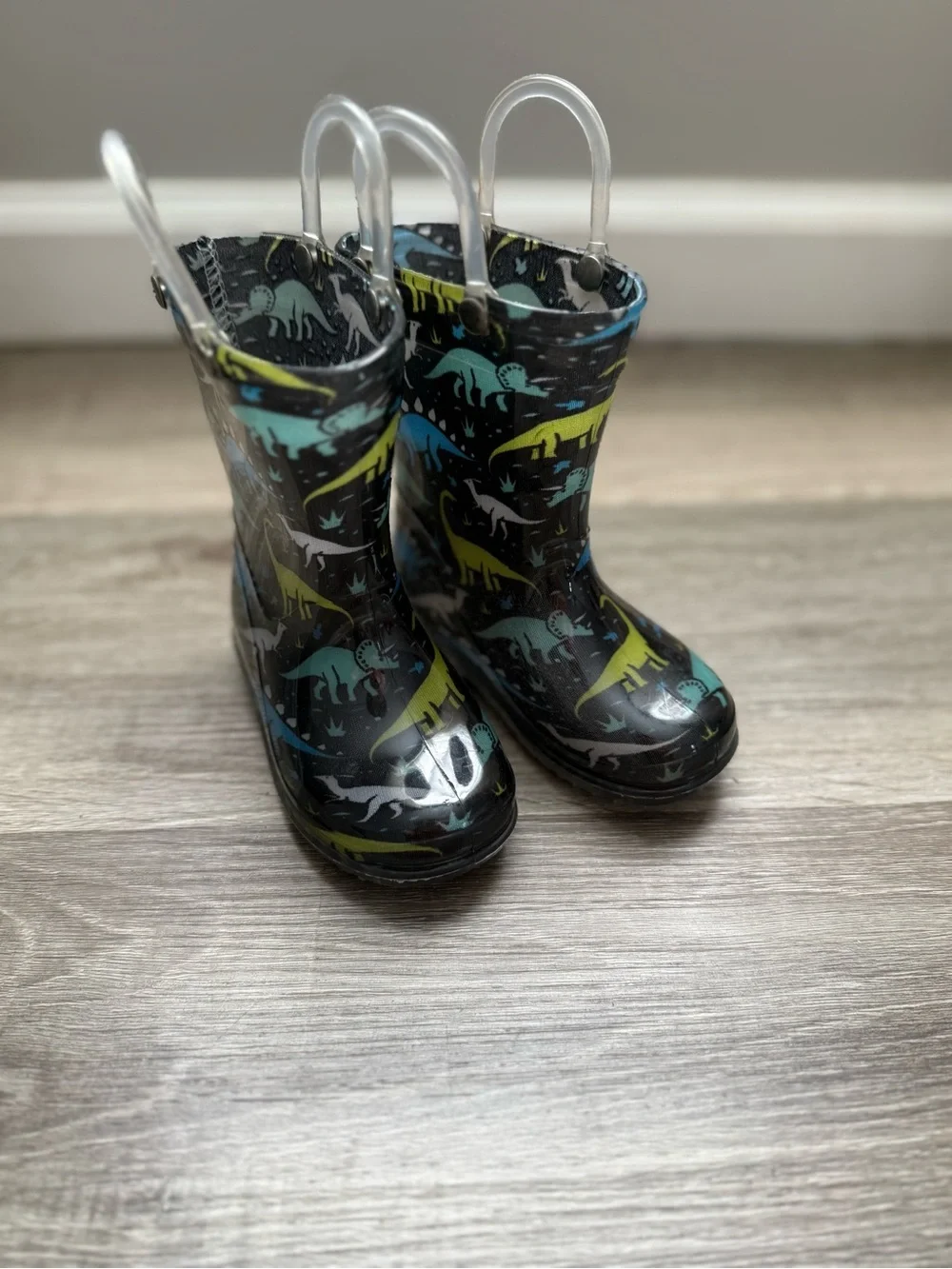 Othr Kids Rain Boots in Black with Blue & Green Dinosaur Print